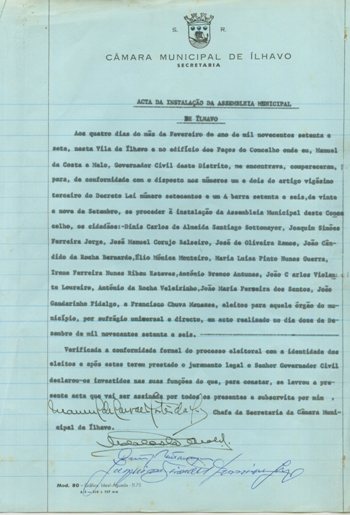 Ata da instala&ccedil;&atilde;o da Assembleia Municipal de &Iacute;lhavo